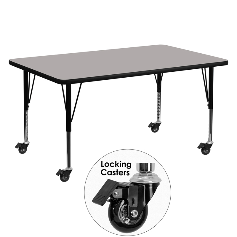 XU-A3060-REC-GY-H-P-CAS-GG Mobile 30 x 60 in. Rectangular Grey High Pressure Laminate Activity Table - Height Adjustable Short Legs