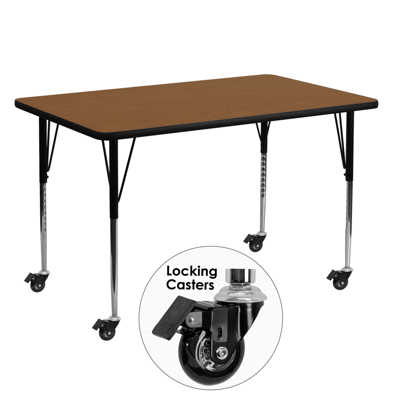 XU-A3060-REC-OAK-H-A-CAS-GG Mobile 30 x 60 in. Rectangular Oak High Pressure Laminate Activity Table - Standard Height Adjustable Legs