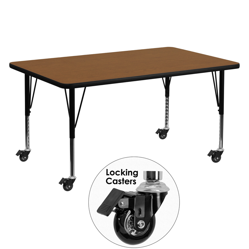 XU-A3060-REC-OAK-H-P-CAS-GG Mobile 30 x 60 in. Rectangular Oak High Pressure Laminate Activity Table - Height Adjustable Short Legs
