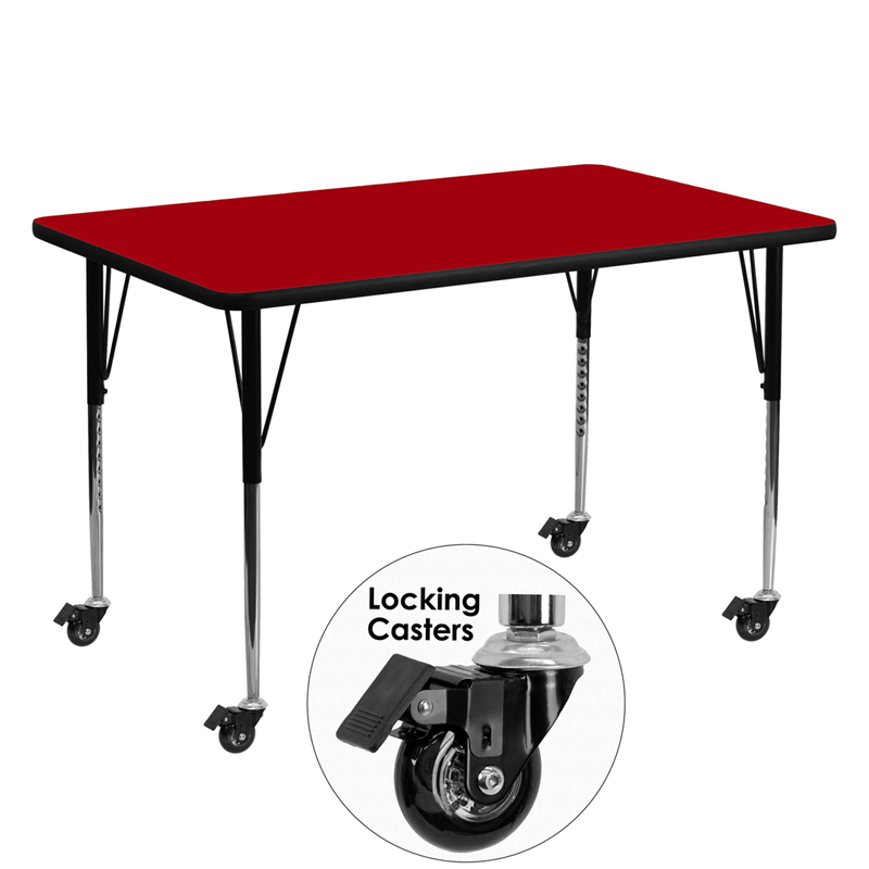 XU-A3060-REC-RED-T-A-CAS-GG Mobile 30 x 60 in. Rectangular Red Thermal Laminate Activity Table - Standard Height Adjustable Legs