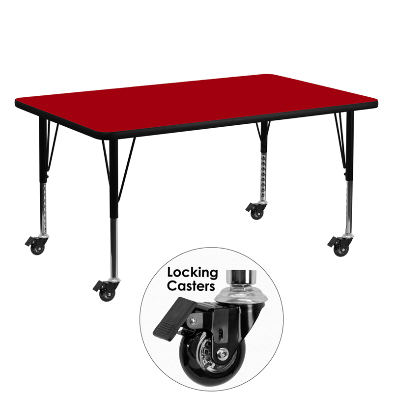 XU-A3060-REC-RED-T-P-CAS-GG Mobile 30 x 60 in. Rectangular Red Thermal Laminate Activity Table - Height Adjustable Short Legs
