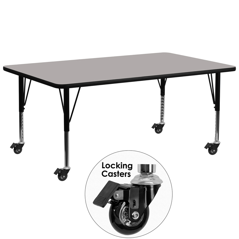 XU-A3072-REC-GY-H-P-CAS-GG Mobile 30 x 72 in. Rectangular Grey High Pressure Laminate Activity Table - Height Adjustable Short Legs