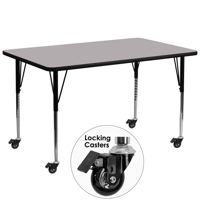 XU-A3072-REC-GY-T-A-CAS-GG Mobile 30 x 72 in. Rectangular Grey Thermal Laminate Activity Table - Standard Height Adjustable Legs