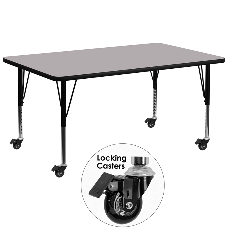 XU-A3072-REC-GY-T-P-CAS-GG Mobile 30 x 72 in. Rectangular Grey Thermal Laminate Activity Table - Height Adjustable Short Legs