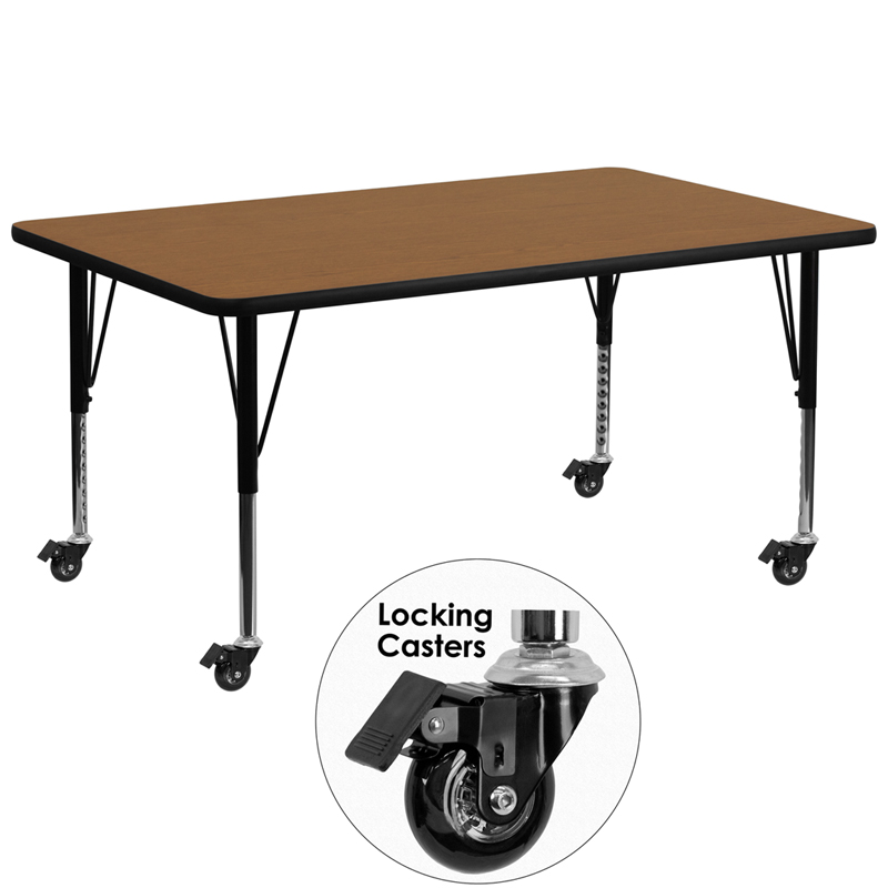 XU-A3072-REC-OAK-T-P-CAS-GG Mobile 30 x 72 in. Rectangular Oak Thermal Laminate Activity Table - Height Adjustable Short Legs