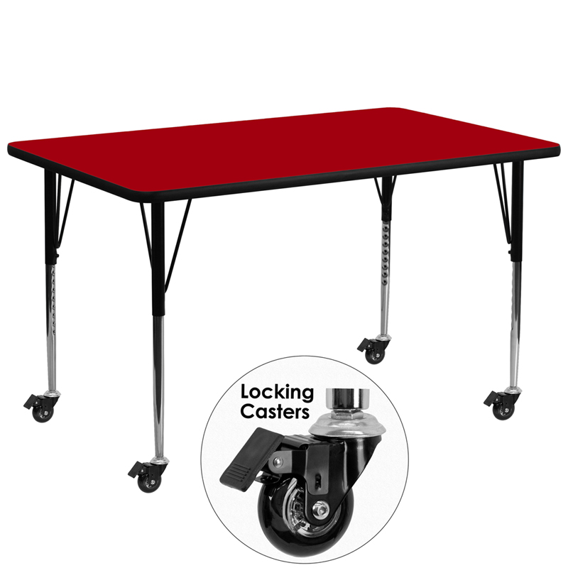 XU-A3072-REC-RED-T-A-CAS-GG Mobile 30 x 72 in. Rectangular Red Thermal Laminate Activity Table - Standard Height Adjustable Legs
