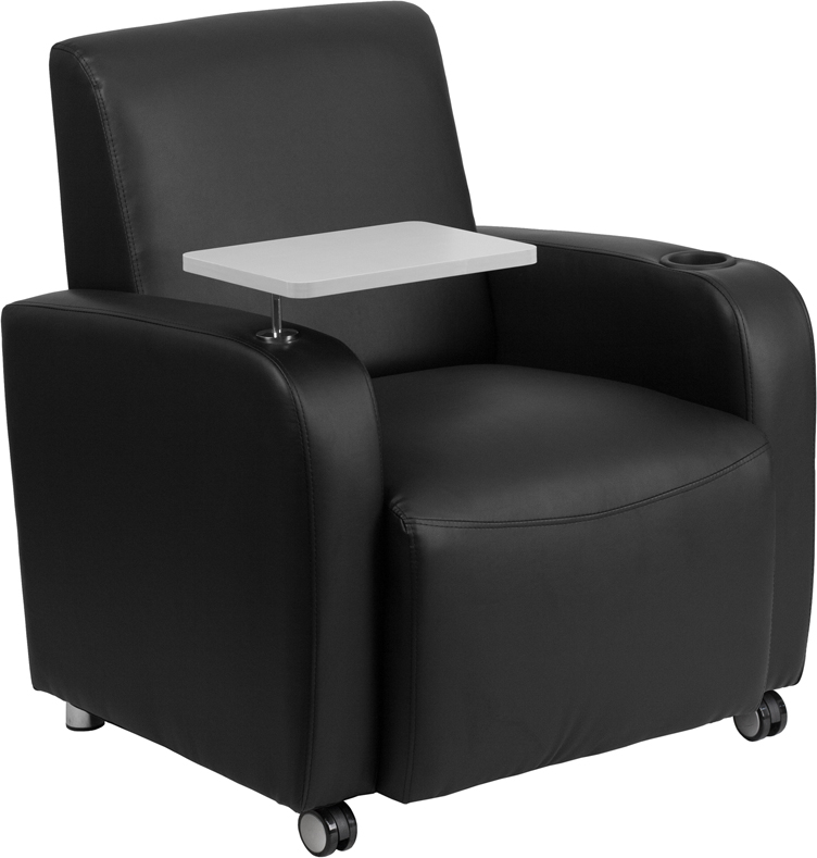BT-8217-BK-CS-GG Black Leather Guest Chair with Tablet Arm, Front Wheel Casters & Cup Holder