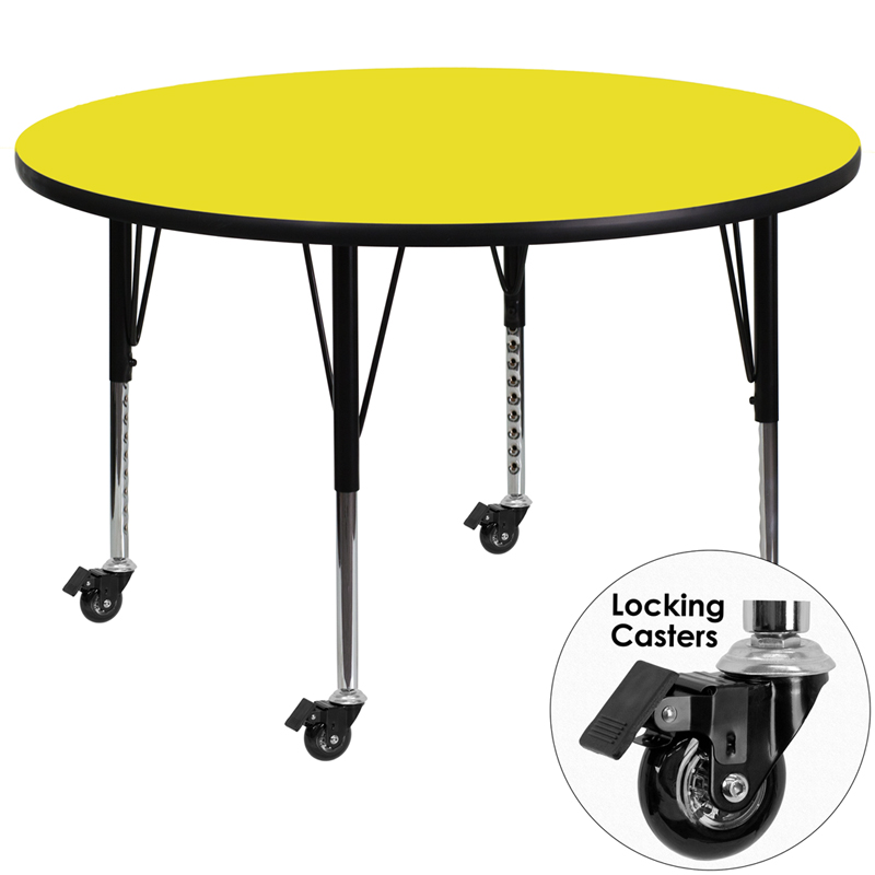 Picture of Flash Furniture XU-A48-RND-YEL-H-P-CAS-GG Mobile 48 in. Round Yellow High Pressure Laminate Activity Table - Height Adjustable Short Legs