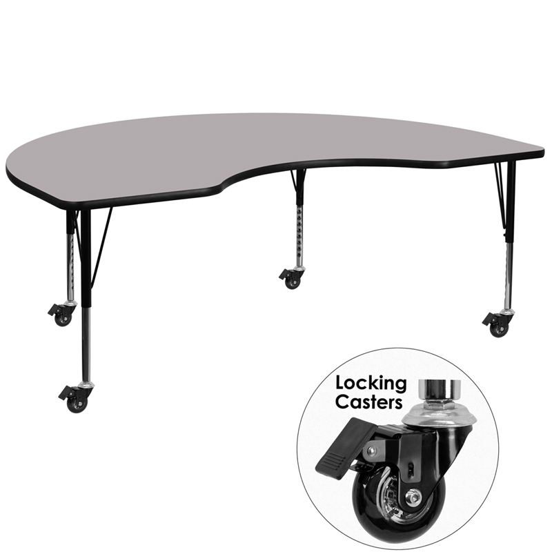 XU-A4872-KIDNY-GY-T-P-CAS-GG Mobile 48 x 72 in. Kidney Grey Thermal Laminate Activity Table - Height Adjustable Short Legs -  Flash Furniture