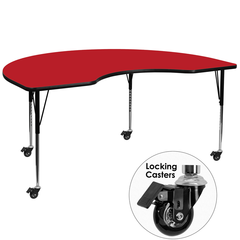 XU-A4872-KIDNY-RED-H-A-CAS-GG Mobile 48 x 72 in. Kidney Red High Pressure Laminate Activity Table - Standard Height Adjustable Legs -  Flash Furniture