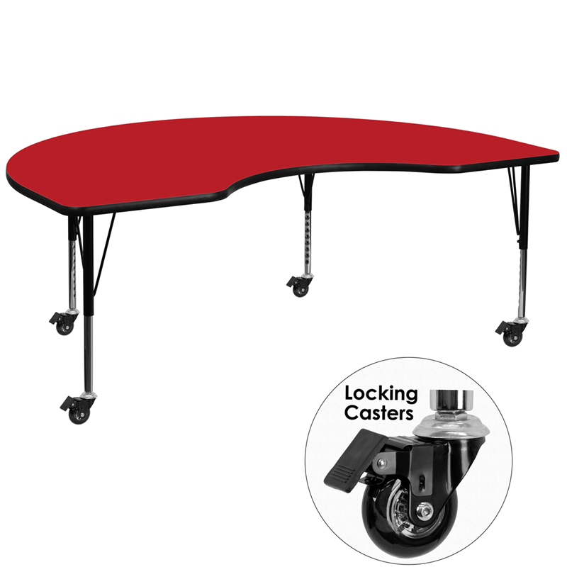 Picture of Flash Furniture XU-A4872-KIDNY-RED-H-P-CAS-GG Mobile 48 x 72 in. Kidney Red High Pressure Laminate Activity Table - Height Adjustable Short Legs