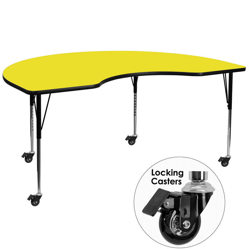 Picture of Flash Furniture XU-A4872-KIDNY-YEL-H-A-CAS-GG Mobile 48 x 72 in. Kidney Yellow High Pressure Laminate Activity Table - Standard Height Adjustable Legs