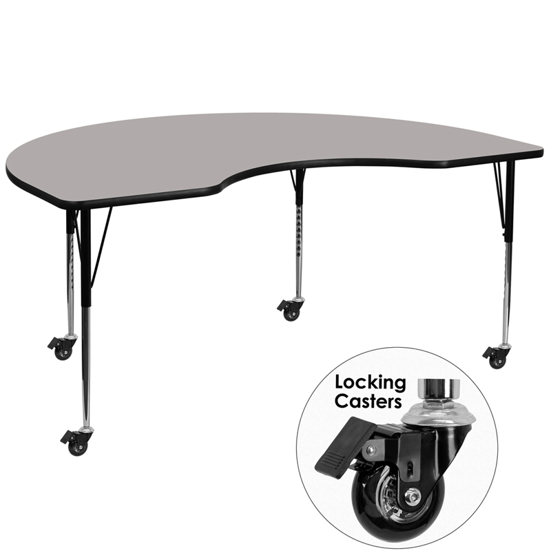Picture of Flash Furniture XU-A4896-KIDNY-GY-H-A-CAS-GG Mobile 48 x 96 in. Kidney Grey High Pressure Laminate Activity Table - Standard Height Adjustable Legs
