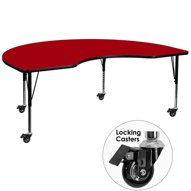 Picture of Flash Furniture XU-A4896-KIDNY-RED-T-P-CAS-GG Mobile 48 x 96 in. Kidney Red Thermal Laminate Activity Table - Height Adjustable Short Legs