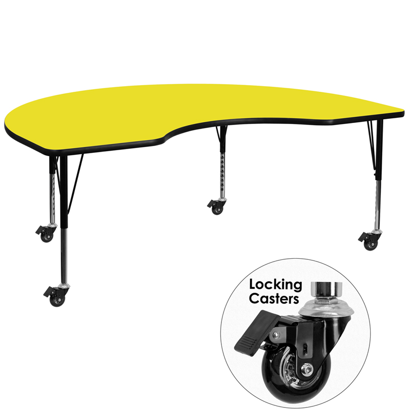 Picture of Flash Furniture XU-A4896-KIDNY-YEL-H-P-CAS-GG Mobile 48 x 96 in. Kidney Yellow High Pressure Laminate Activity Table - Height Adjustable Short Legs