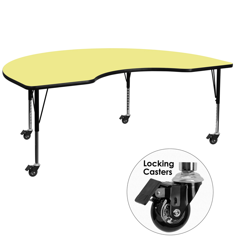 Picture of Flash Furniture XU-A4896-KIDNY-YEL-T-P-CAS-GG Mobile 48 x 96 in. Kidney Yellow Thermal Laminate Activity Table - Height Adjustable Short Legs