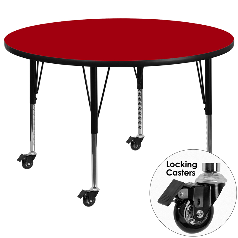 XU-A60-RND-RED-T-P-CAS-GG Mobile 60 in. Round Red Thermal Laminate Activity Table - Height Adjustable Short Legs