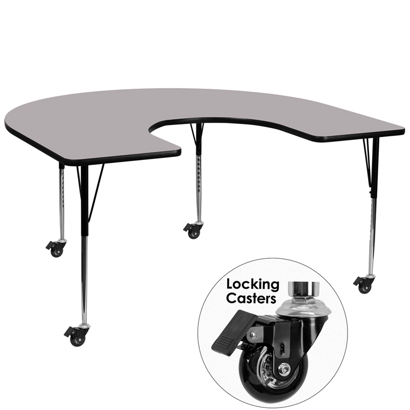 Picture of Flash Furniture XU-A6066-HRSE-GY-T-A-CAS-GG Mobile 60 x 66 in. Horseshoe Grey Thermal Laminate Activity Table - Standard Height Adjustable Legs