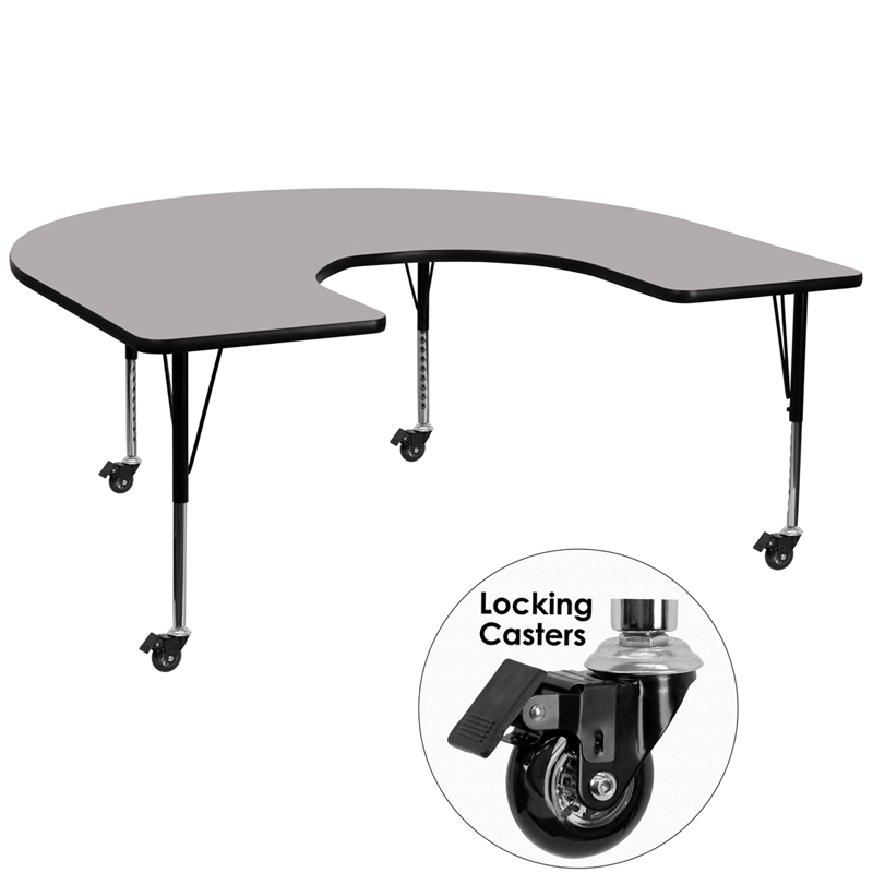 Picture of Flash Furniture XU-A6066-HRSE-GY-T-P-CAS-GG Mobile 60 x 66 in. Horseshoe Grey Thermal Laminate Activity Table - Height Adjustable Short Legs