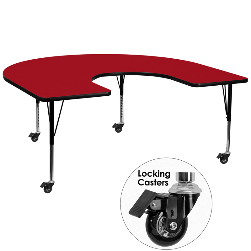 Picture of Flash Furniture XU-A6066-HRSE-RED-T-P-CAS-GG Mobile 60 x 66 in. Horseshoe Red Thermal Laminate Activity Table - Height Adjustable Short Legs