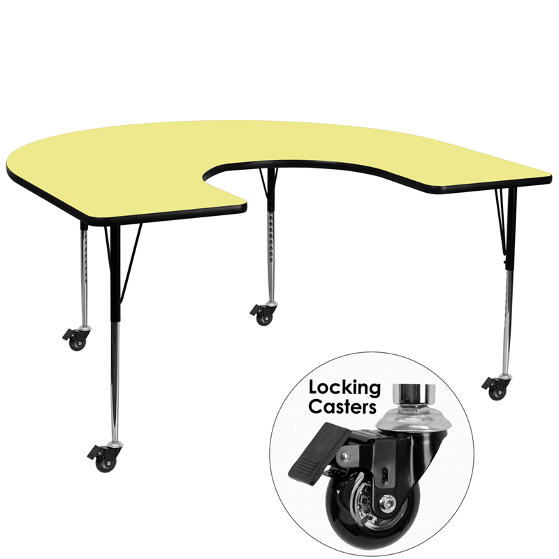 Picture of Flash Furniture XU-A6066-HRSE-YEL-T-A-CAS-GG Mobile 60 x 66 in. Horseshoe Yellow Thermal Laminate Activity Table - Standard Height Adjustable Legs
