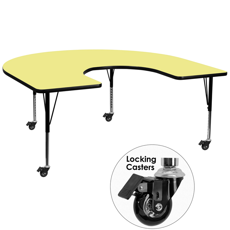 Picture of Flash Furniture XU-A6066-HRSE-YEL-T-P-CAS-GG Mobile 60 x 66 in. Horseshoe Yellow Thermal Laminate Activity Table - Height Adjustable Short Legs