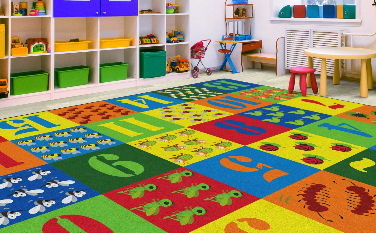 FE277-58A Counting Critters Prim Rectangle Rug - Seats 30 - 10 ft. 6 in. x 13 ft. 2 in.