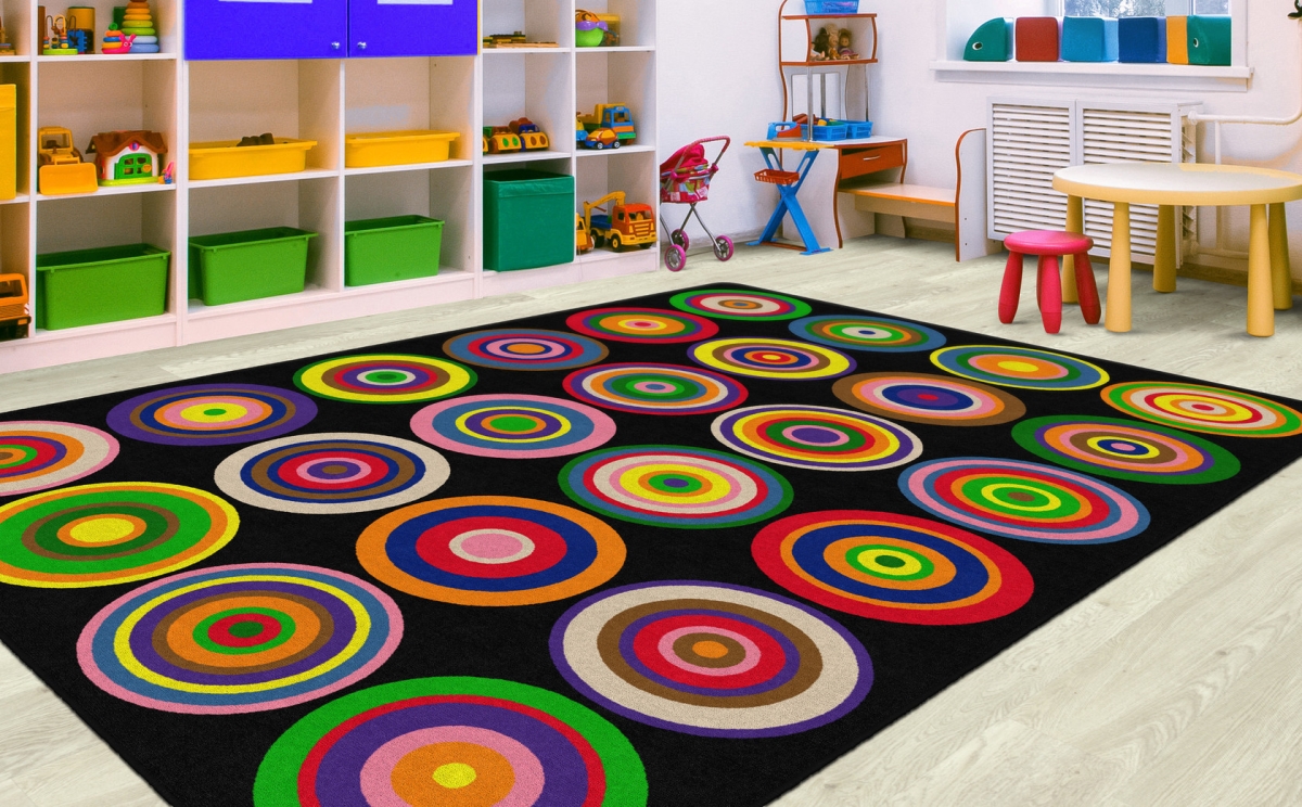 FE160-44A Color Rings Black Rectangle Rug - Seats 24 - 7 ft. 6 in. x 12 ft.