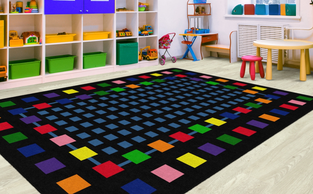 FE157-44A Rebordered Square Black Rectangle Rug - 7 ft. 6 in. x 12 ft.