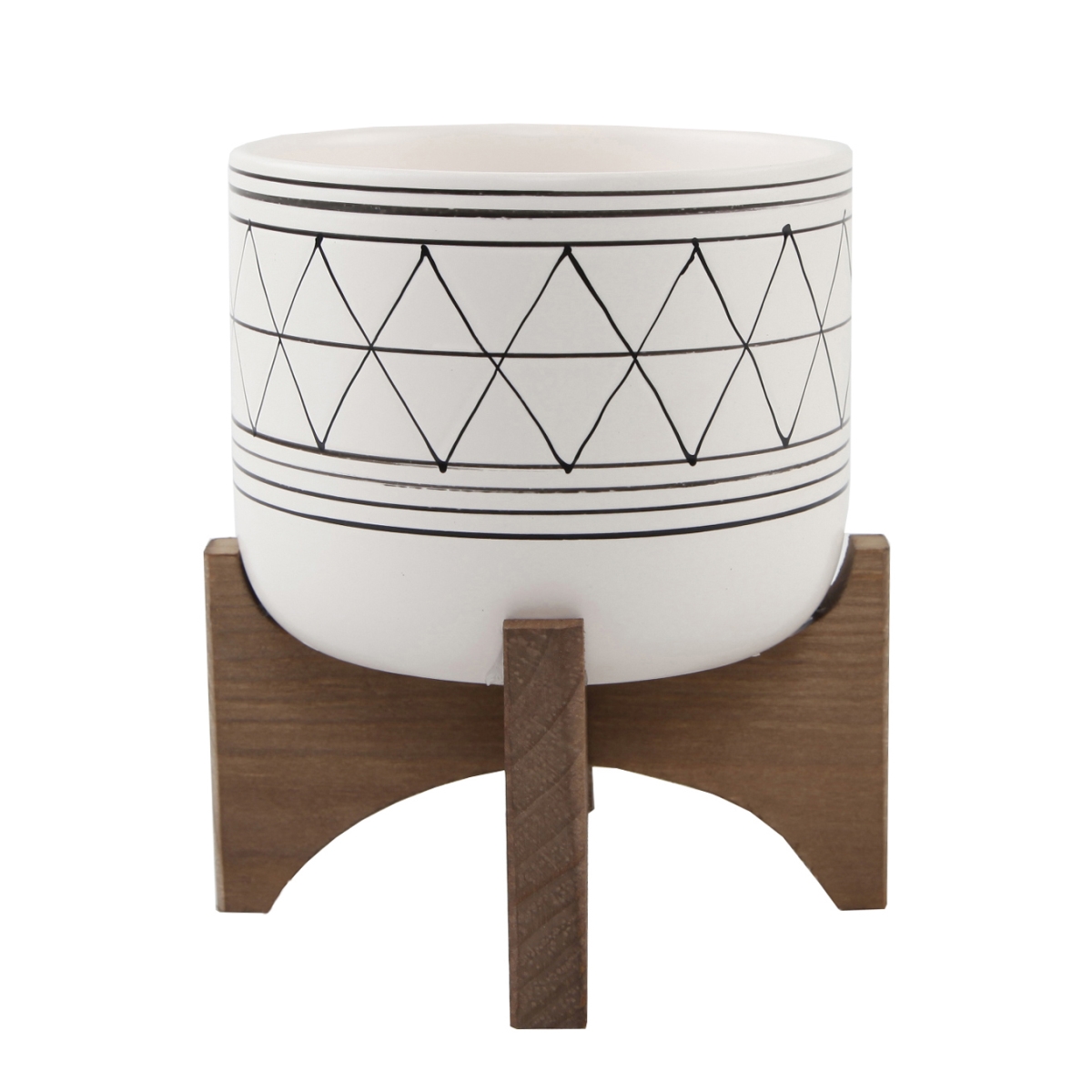 5 in. White & Black Geometric with Wood Stand Planter