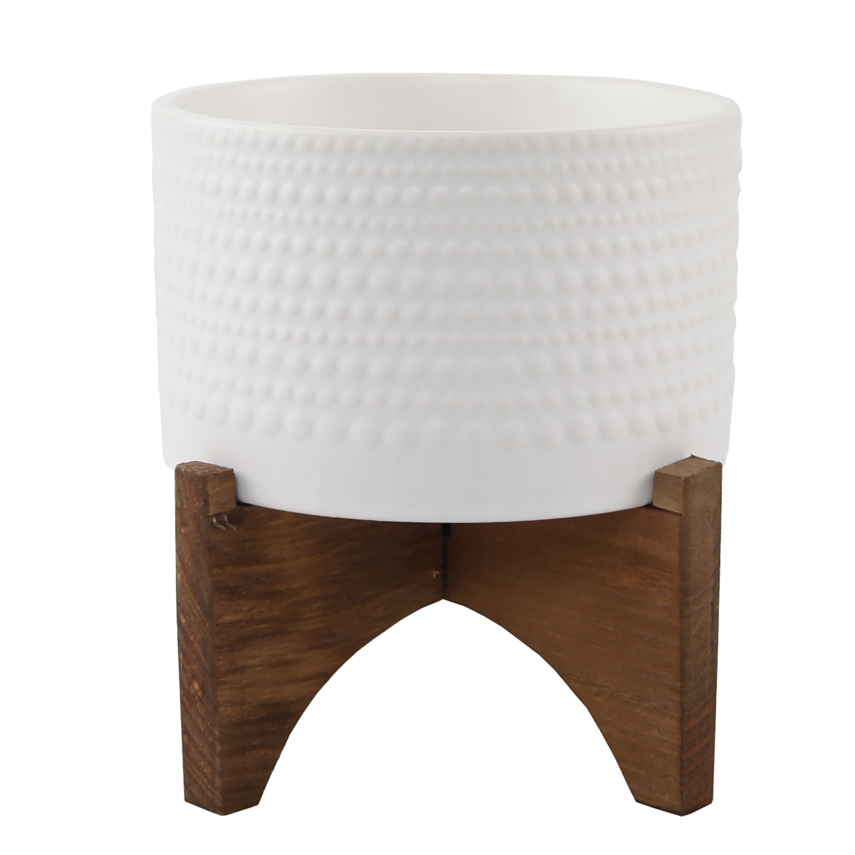 5 in. Hobnail Ceramic Planter on Wood Stand, Matt White