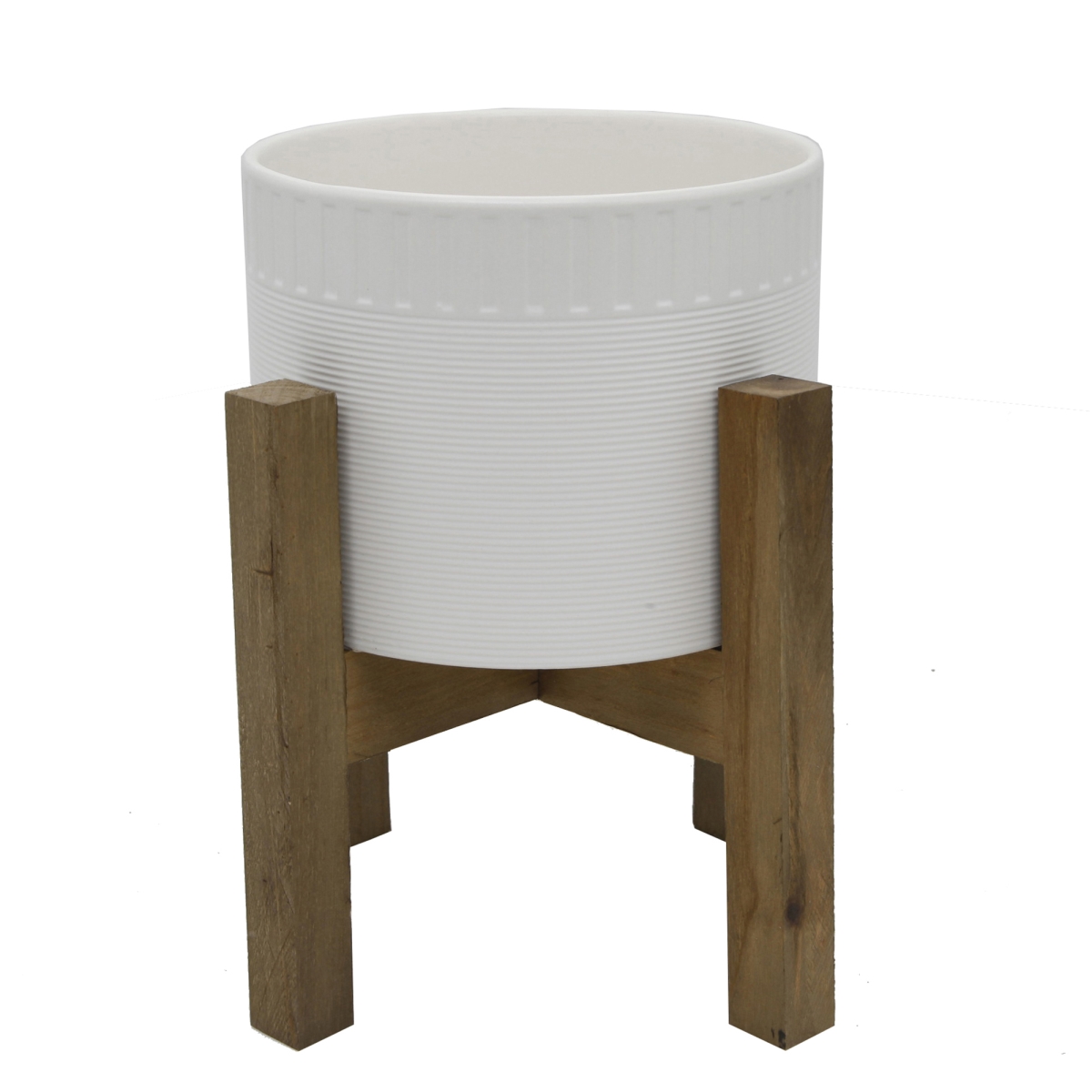 8 in. Ceramic Dumpling Pot on Wood Stand, Matte White