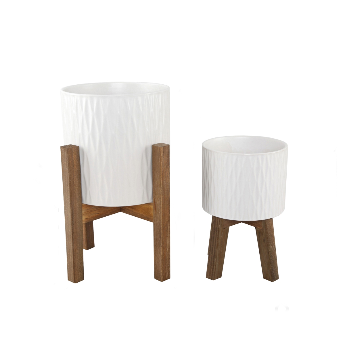 10 ft. & 8 in. Ridge Ceramic Planter on Wood Stand, Matte White - Set of 2