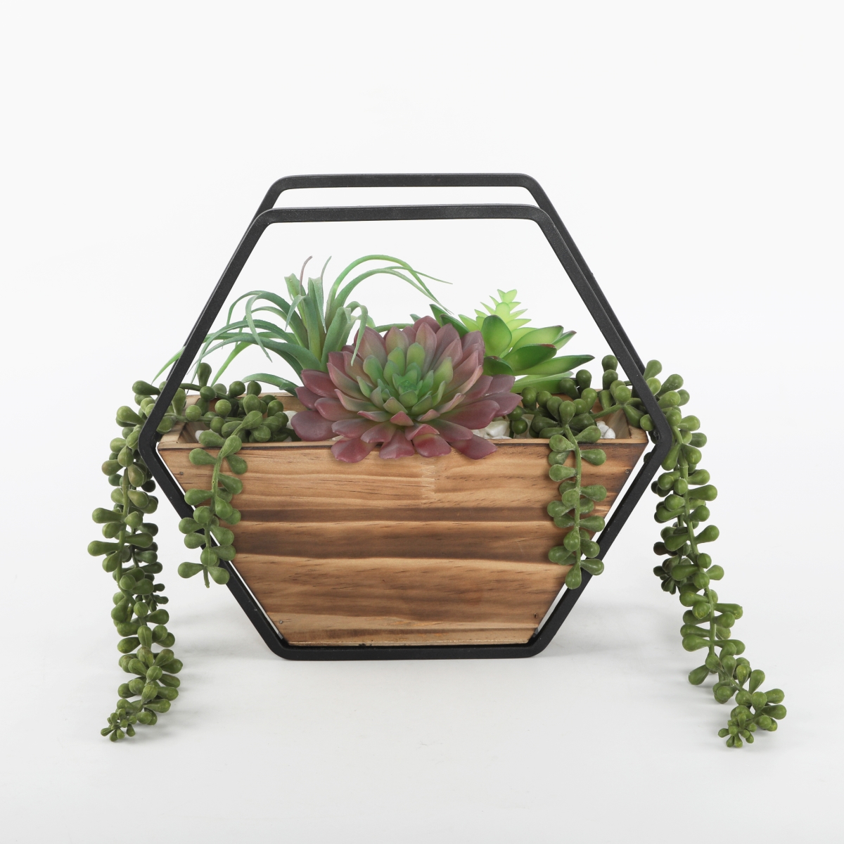 11 in. Hexagon Wood Plus Metal Wall Succulent Mix