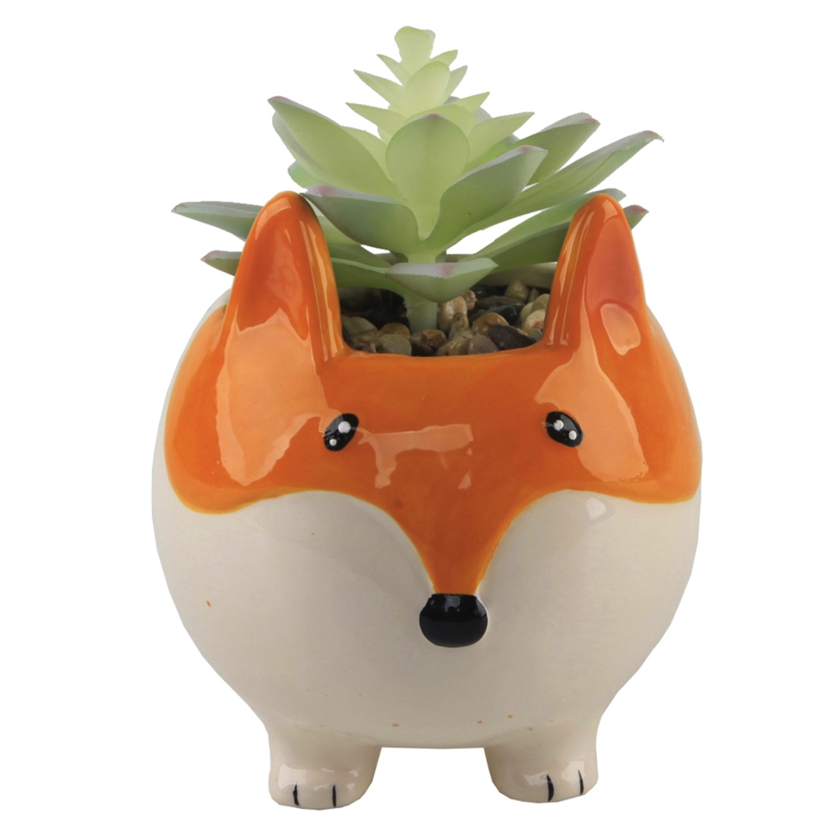 Faux Succulent - Orange Fox Ceramic Planter - 4.5in. - Indoor Use Only - Handcrafted