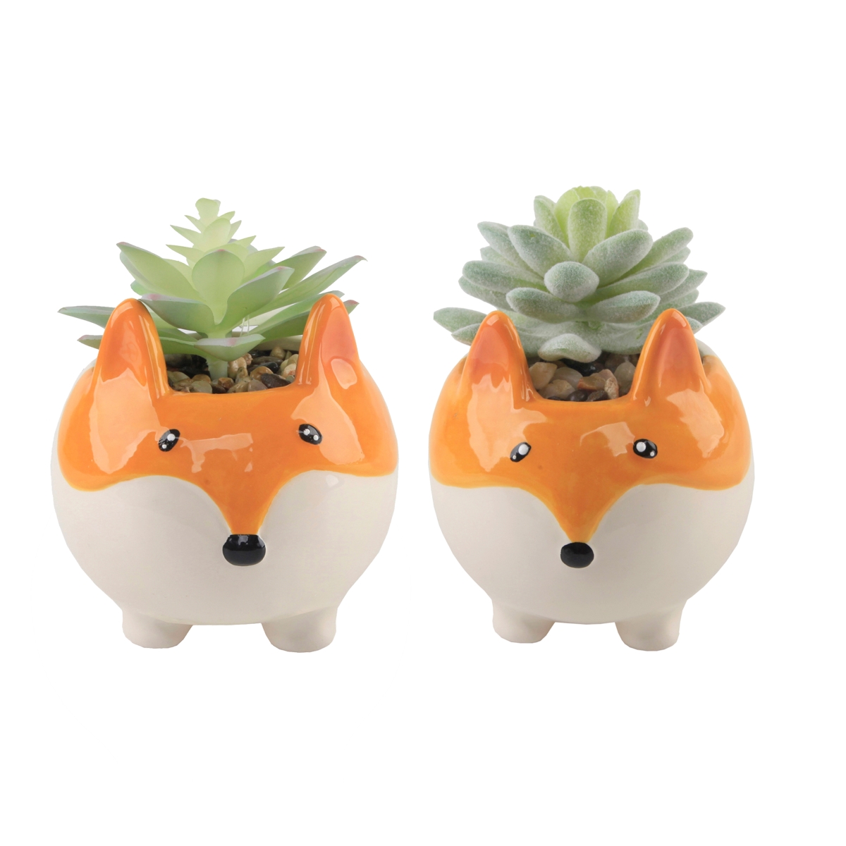 Faux Succulent in 3.5' Small Orange Fox Ceramic Planter,Set of 2