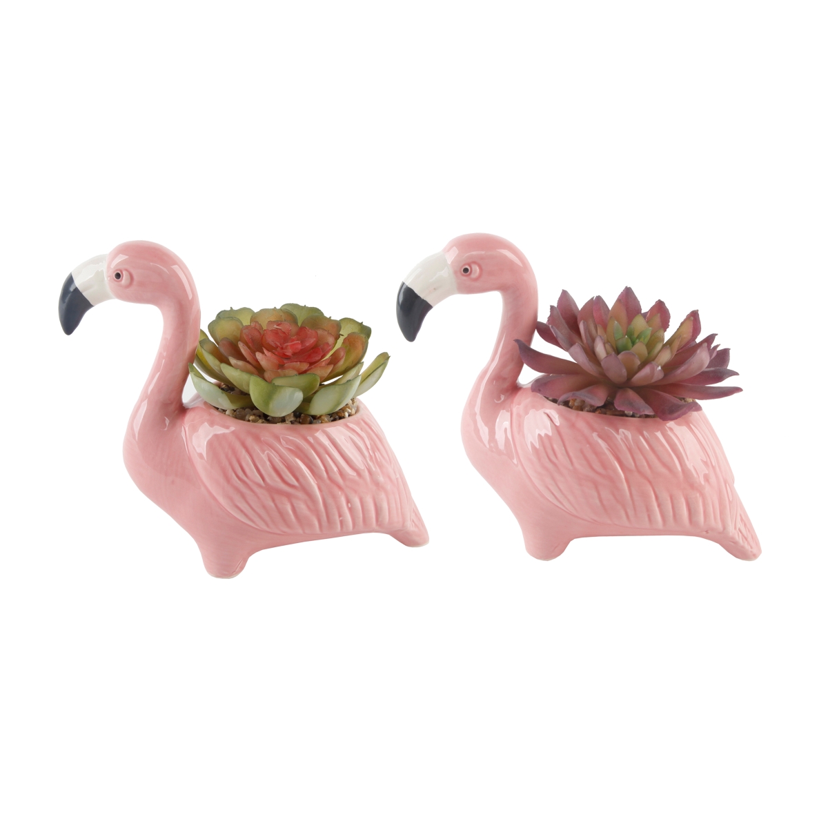 Faux Succulent Flamingo Planters - Pink - Set of 2 - Handcrafted Ceramic