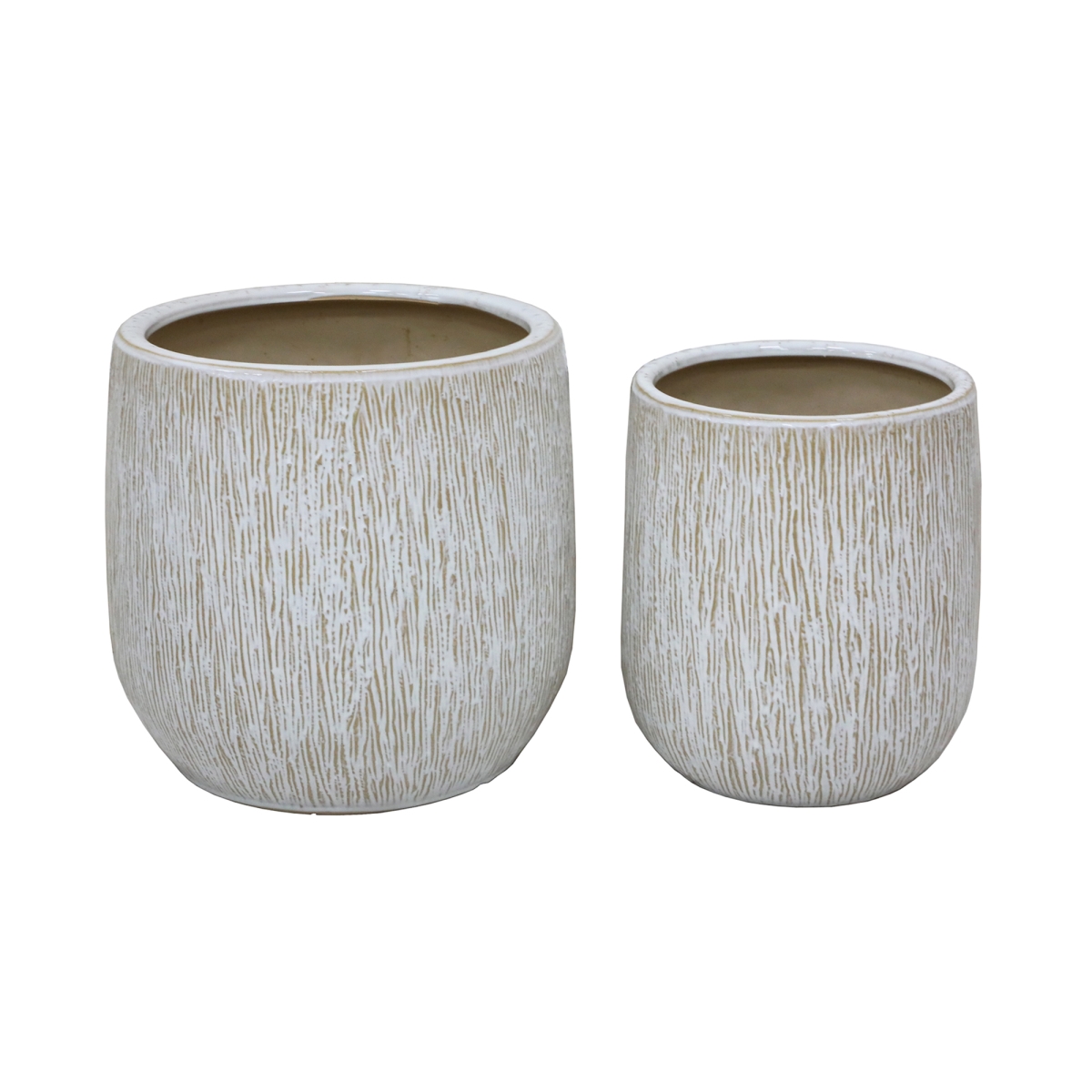 CT1636E2-IVORY 14.5' &11' Outdoors Tree Bark Ceramic Pot ,Set of 2 L:14.5X14.5X13.75M:11X11X12.25