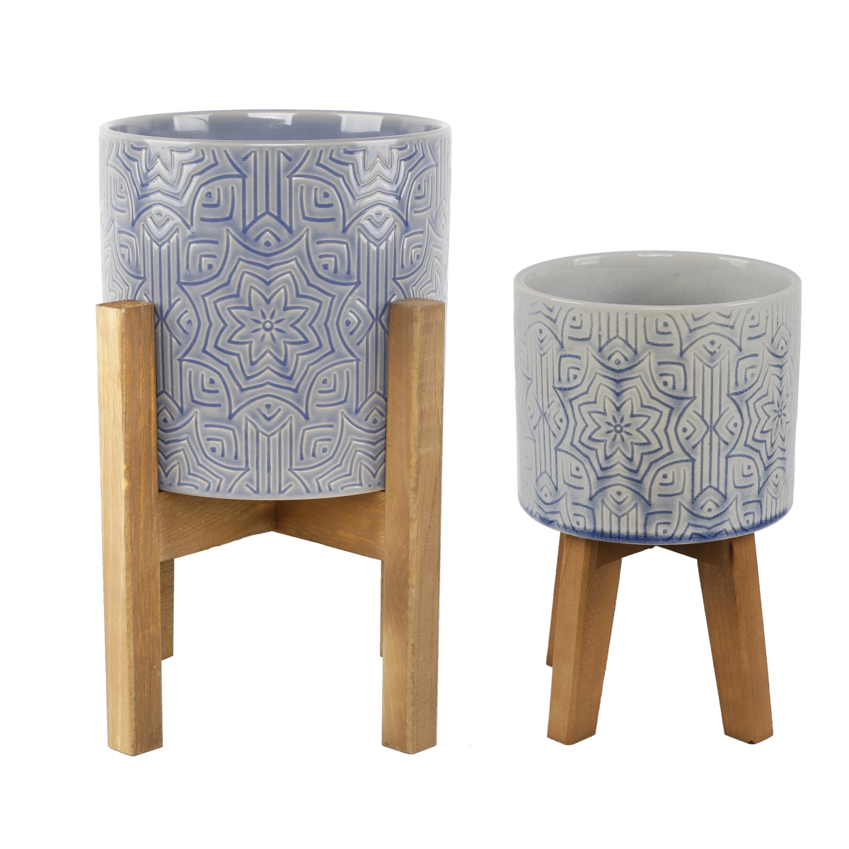 CT1385E2-GSBL 10' & 8' Star Ceramic Planter on Wood Stand,Set of 2