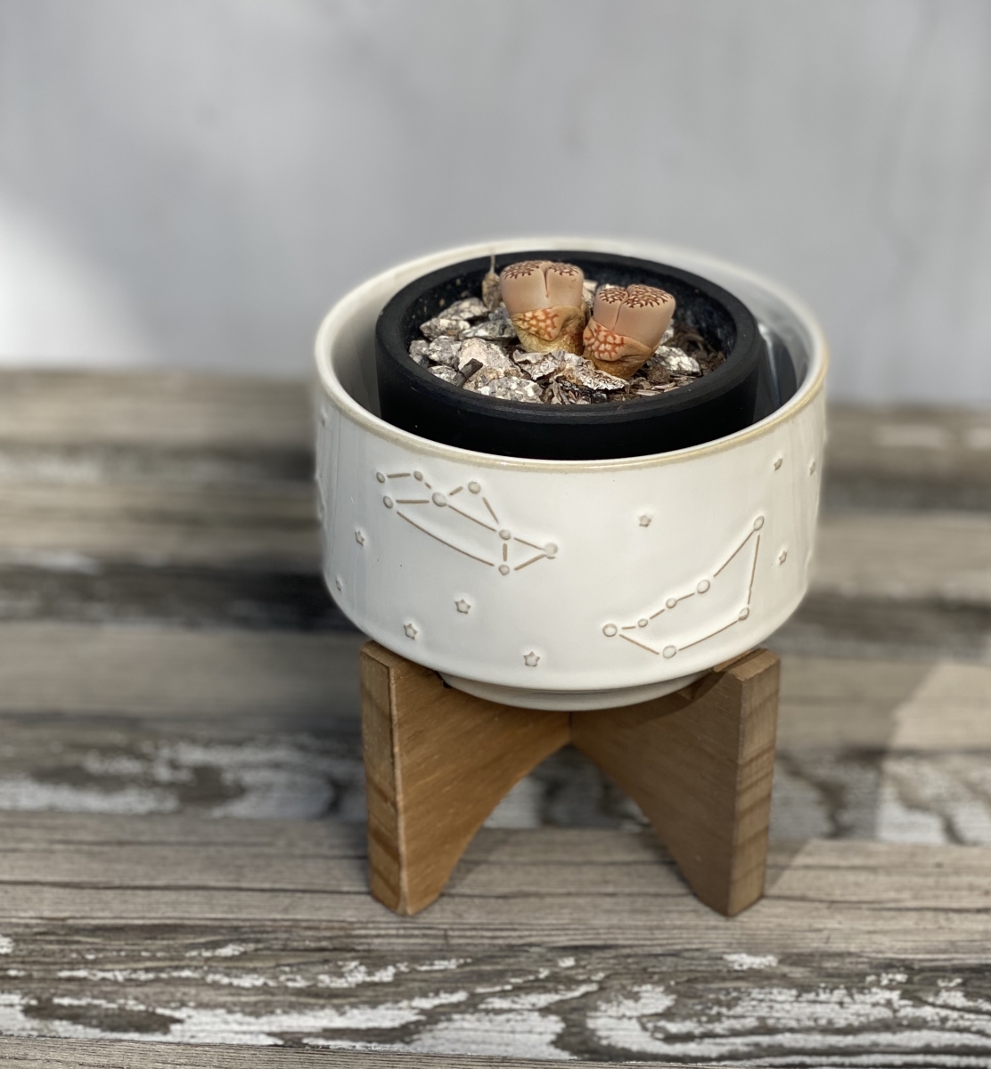 4' Constellation Ceramic Pot on Wood Stand,Ivory