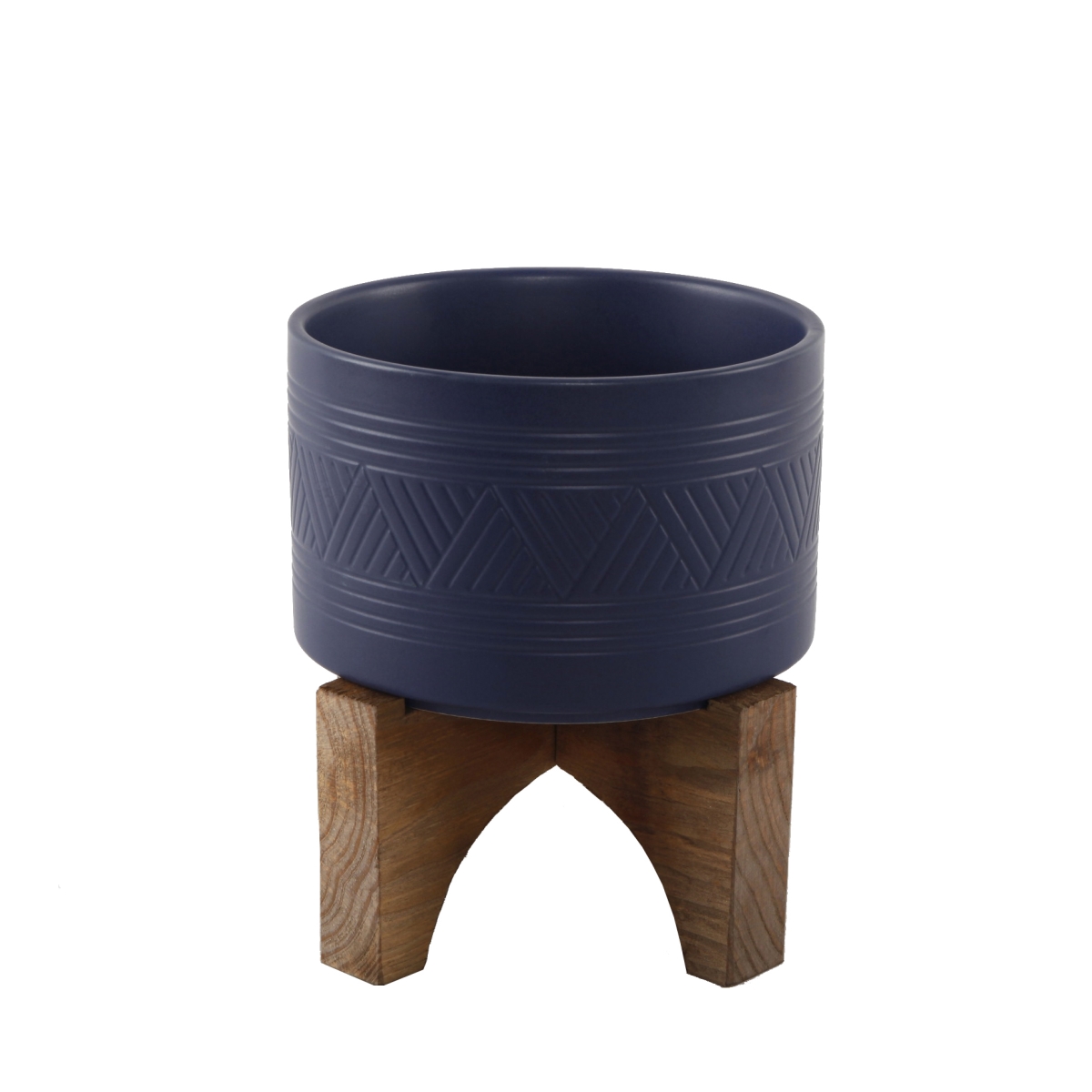 7' Mountain Ceramic Planter on Wood Stand,Matte Navy