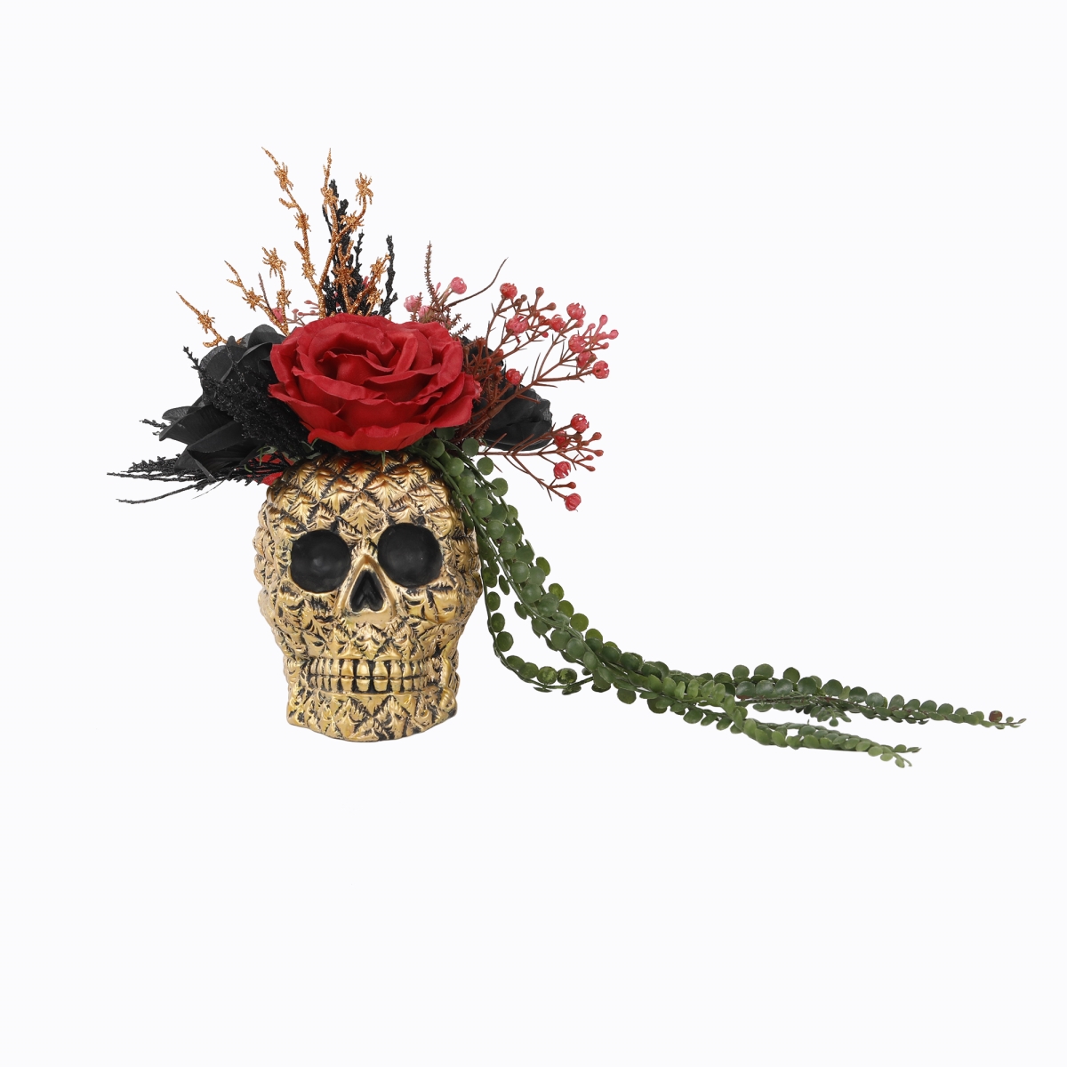 Picture of Flora Bunda HW1763E-GD Halloween Floral Arrangement w Rose String of Peas in 6.25&apos; Ceramic Skull 6.25X4.75X5.75