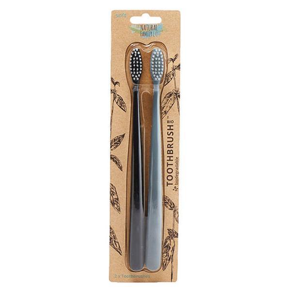 Picture of The Natural Family 232487 Biodegradable Soft Toothbrushes Pirate Black & Monsoon Mist Twin Pack