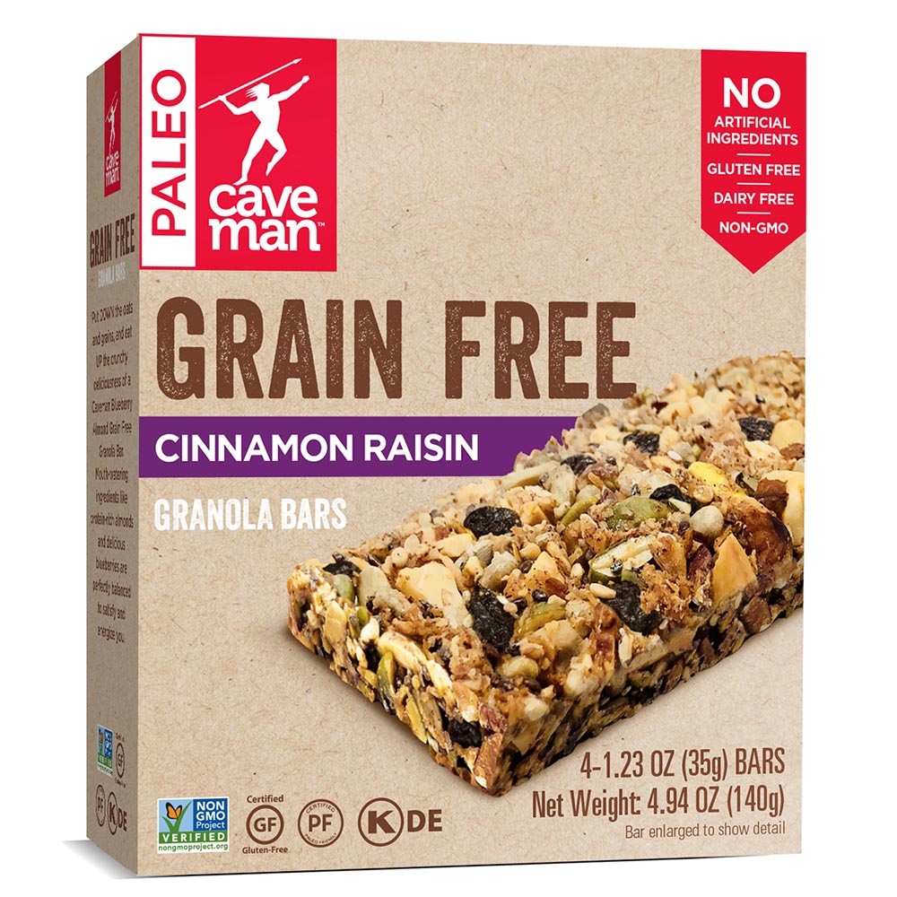 Picture of Caveman Foods 235345 1.23 oz Cinnamon Raisin Grain-Free Granola Bars - 12 Bars Per Box