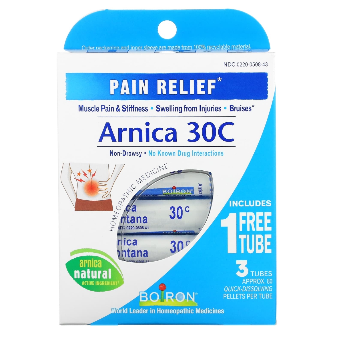 Picture of Boiron 238596 Arnica 30C Homeopathic Medicine Bonus Pack for Pain Relief - 30 Pellets