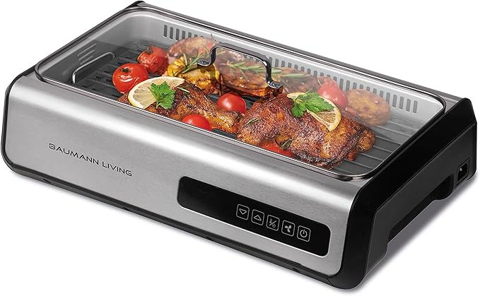 Picture of Baumann Living BM-GR8809 1500W Indoor Smokeless Grill with Smart LED Touch Screen&#44; Tempered Glass Lid & 2 Removable Ceramic Nonstick Grill & Griddle Plate