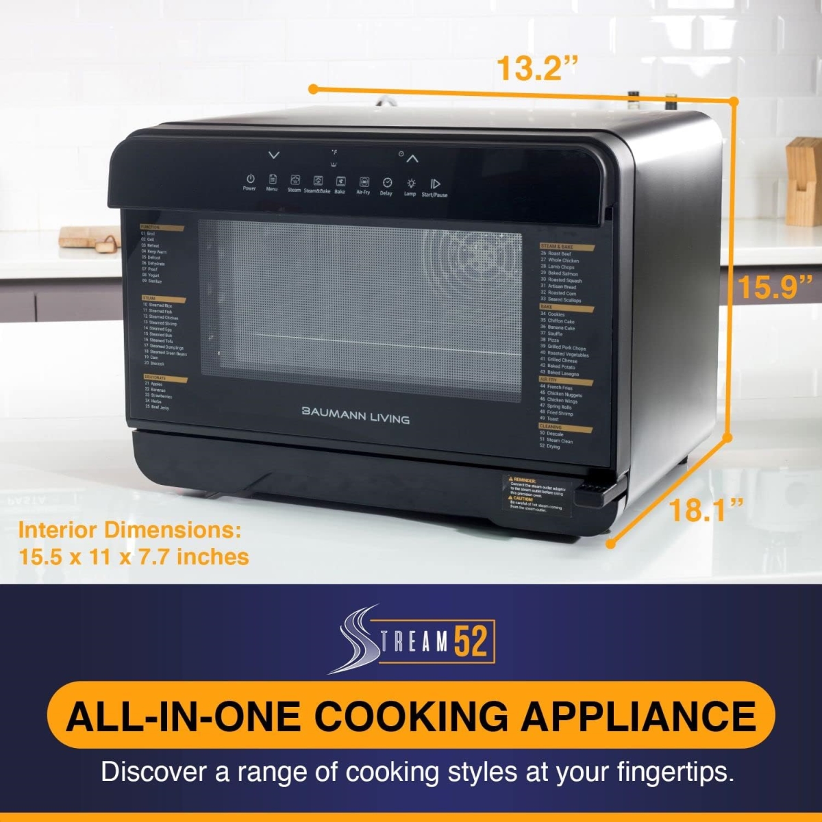 Picture of Baumann Living Stream 52 Multifunction Air Fryer Steam Oven Convection Countertop All-in-One Appliance.
