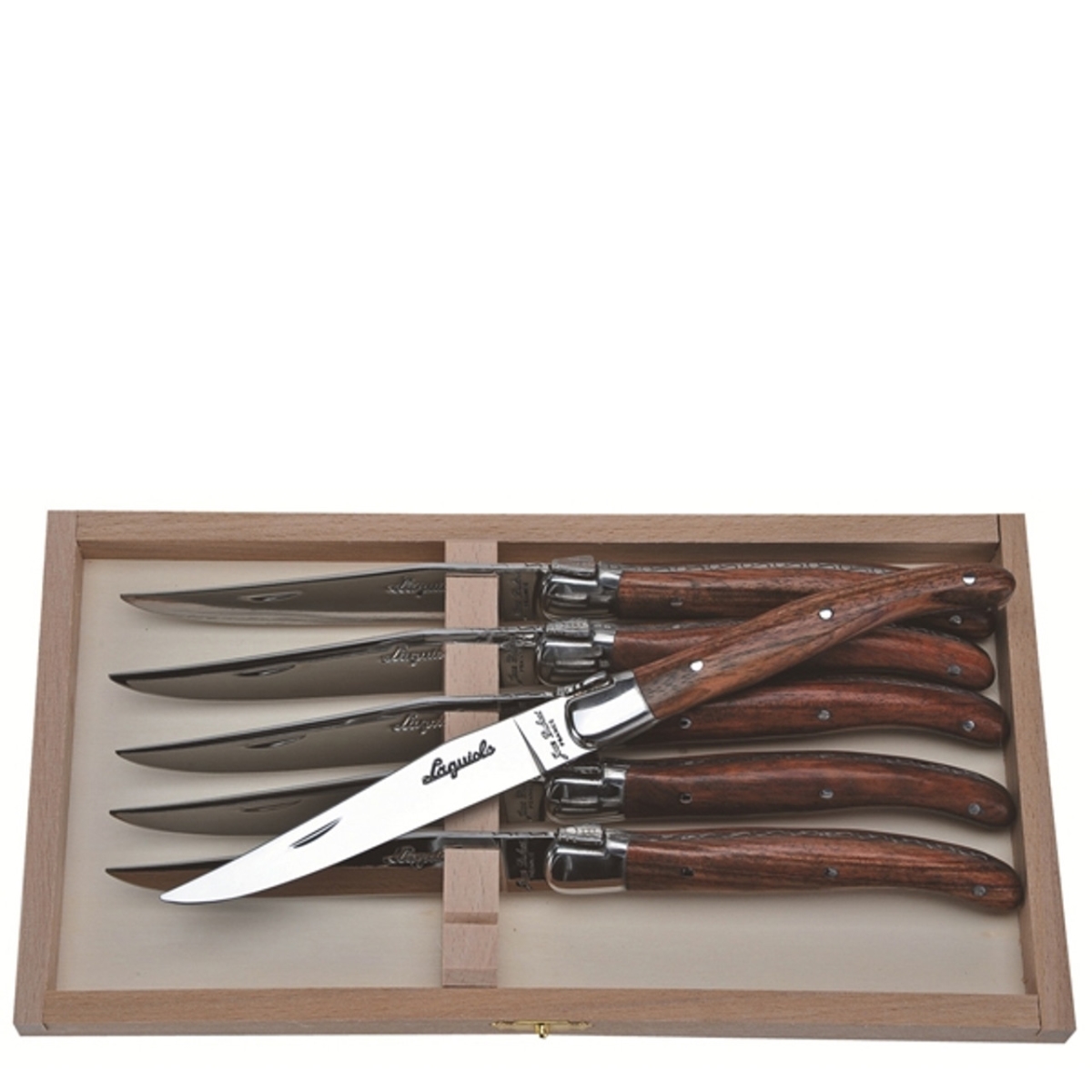 Picture of Jean Dubost Laguiole JD98-13691 10.25 x 5.5 x 1.25 in. Bubinga Wood Steak Knives in a Box - 6 Piece