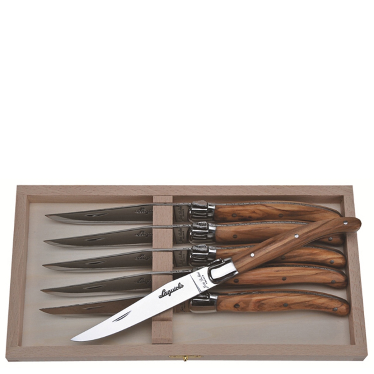 Picture of Jean Dubost Laguiole JD98-13730 10.25 x 5.5 x 1.25 in. Steak Olive Wood Knives in Box - 6 Piece