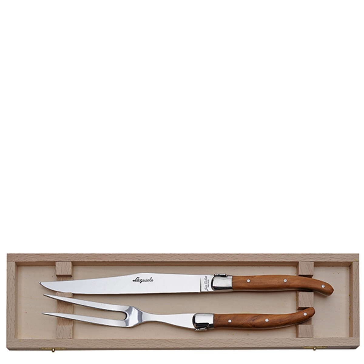 Picture of Jean Dubost Laguiole JD98-13735 13.5 x 3.75 x 0.75 in. Olive Wood Carving Set in a Clasp Box